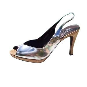 Donald Pliner Cork Metallic Silver Leather Pump Shoe New Slingback NWT $285